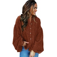Coffee Textured Corduroy Puff Sleeve Shacket - M thumbnail