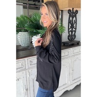 Black Sequin Patch Chest Pocket Corded Shacket - L thumbnail