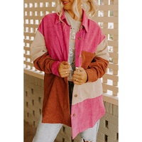 Rose Red Colorblock Curved Hem Corduroy Shacket with Pocket - M thumbnail