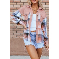 Light Pink Plaid Corduroy Patchwork Chest Pocket Shacket - M thumbnail