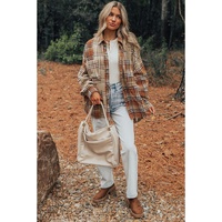 Khaki Plaid Colorblock Patchwork High Low Shacket - L thumbnail