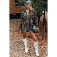 Brown Plaid Print Chest Pockets Buttoned Shirt Jacket - S thumbnail