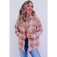 Pink Plaid Print Chest Pocket Long Sleeve Shacket - S thumbnail