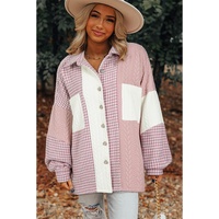 Pink Houndstooth Color Contrast Textured Patchwork Loose Shacket - 2XL thumbnail