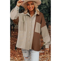 Khaki Houndstooth Color Contrast Textured Patchwork Loose Shacket - L thumbnail