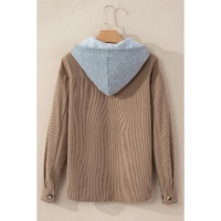 Pale Khaki Hooded Drawstring Pockets Corduroy Shacket - M thumbnail