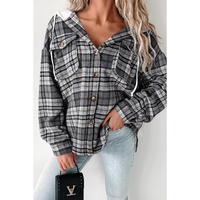 Black Plaid Print Flap Pockets Contrast Hooded Loose Shacket - S thumbnail