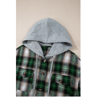 Green Plaid Print Chest Pocket Buttoned Hooded Shacket - 2XL thumbnail
