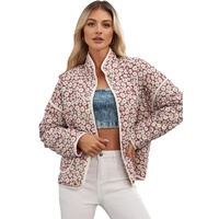 Pink Floral Print Contrast Edge Pocketed Stand Neck Jacket - L thumbnail