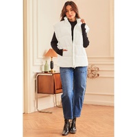 Beige  Zipper Stand Neck Oversized Puffer Vest - M thumbnail