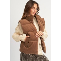 Coffee Corduroy Stand Neck Zipped Puffer Vest - M thumbnail