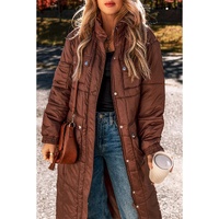Coffee Quilted Puffer Stand Neck Zipped Mid-length Coat - XL thumbnail