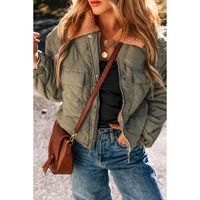 Jungle Green Teddy Collar Flap Pockets Quilted Puffer Jacket - M thumbnail