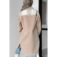 Smoke Gray Plaid Patchwork Collared Button-up Sherpa Long Coat - 2XL thumbnail