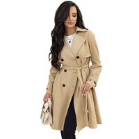 Pale Khaki Solid Color Lapel Collar Waist Tie Wind Coat - S thumbnail