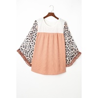 Khaki Printed Plus Ruffle Leopard Sleeve Waffled Color Block Top - 1X thumbnail