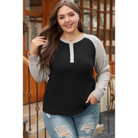 Black Color Contrast Waffle Knit Buttoned Plus Size Top - 2X thumbnail