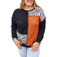 Black Orange Colorblock Leopard Patchwork Waffle Knit Plus Size Top - 1X thumbnail