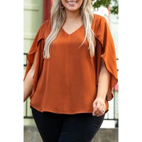 Gold Flame Plus Size Solid Wrapped Ruffled Sleeve V Neck Blouse - 1X thumbnail