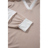 Parchment Corded Colorblock Long Sleeve Slit V Neck Plus Top - 1X thumbnail