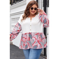 Apricot Plus Size Printed Patchwork Textured Buttoned Blouse - 1X thumbnail