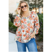 Khaki Plus Size Flower Print Square Neck Peplum Blouse - 1X thumbnail