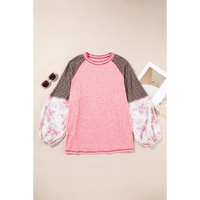 Pink Checkered Paisley Patchwork Raglan Sleeve Seamed Plus Size Top - 1X thumbnail
