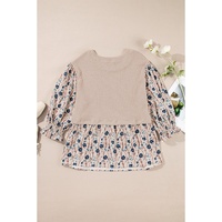 Beige Faux Two Piece Knit Patchwork Floral Print Plus Size Top - 1X thumbnail
