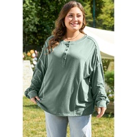 Seagrass Plus Size Exposed Seam Drop Shoulder Henley Top - 1X thumbnail