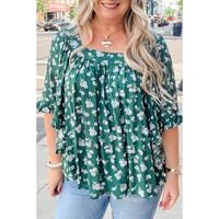 Green Floral Print Square Neck Ruffled Trim Plus Size Blouse - 3X thumbnail