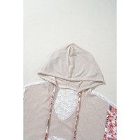 Khaki V Neck Floral Peace Sign Graphic Lace Patch Ribbed Plus Size Hooded Top - 1X thumbnail