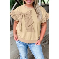 Parchment Ruffled Short Sleeve Bowknot Applique Crew Neck Plus Size Top - 1X thumbnail