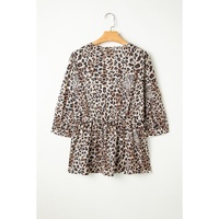 Khaki Leopard Print Lace-up Ruffled 3/4 Sleeve Plus Size Blouse - 1X thumbnail
