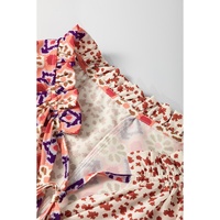 Orange Floral Geometric Patchwork Lace-up Crewneck Plus Size Blouse - 1X thumbnail