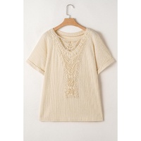 Beige Lace Crochet Patched Cable Textured Cuffed Short Sleeve Plus Size Top - 1X thumbnail