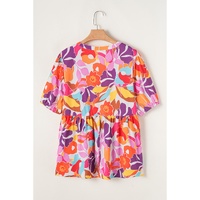 Pink Plus Size Floral Print V Neck Fit and Flare Blouse - 2X thumbnail