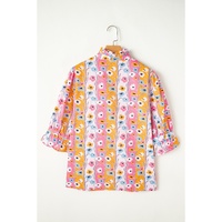 Pink Floral Ruffled Collar Bracelet Sleeve Plus Size Blouse Top - 1X thumbnail