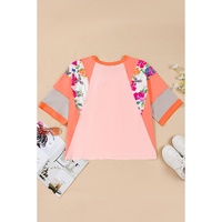 Orange Plus Size Floral Print Patchwork Raglan Half Sleeve Top - 1X thumbnail