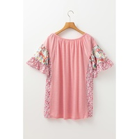 Pink Plus Size Floral Patchwork Ruffled Short Sleeve Blouse - 1X thumbnail