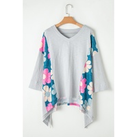 Green Plus Size Flower Patchwork Exposed Seam High Low Top - 1X thumbnail