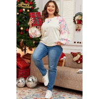 Apricot Plus Size Floral Patchwork Ribbed Puff Sleeve Top - 1X thumbnail