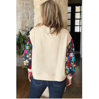 White Floral Patchwork Sleeve Textured Plus Size Pullover Top - 1X thumbnail