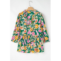 Green Floral Tied V Neck Long Sleeve Plus Size Babydoll Top - 1X thumbnail