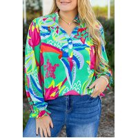 Green Abstract Printed Flounce Sleeve V Neck Buttoned Plus Size Blouse - 1X thumbnail