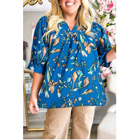 Blue Floral Notched V Neck Half Sleeve Plus Size Blouse - 2X thumbnail