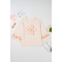 Beige Plus Size Flower Patched Side Slits Crewneck Top - 1X thumbnail