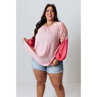 Pink Contrast Floral Patchwork Long Sleeve Plus Size Blouse - 2X thumbnail