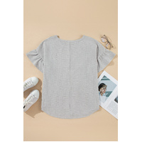 Light Grey Lace Insert Waffle Ruffle Short Sleeve Plus Size Top - 1X thumbnail