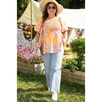 Purple Floral Puff Sleeve Square Neck Smocked Plus Size Babydoll Blouse - 1X thumbnail