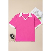 Pink Contrast Trim Collared Split Neck Short Sleeve Plus Size Top - 4X thumbnail